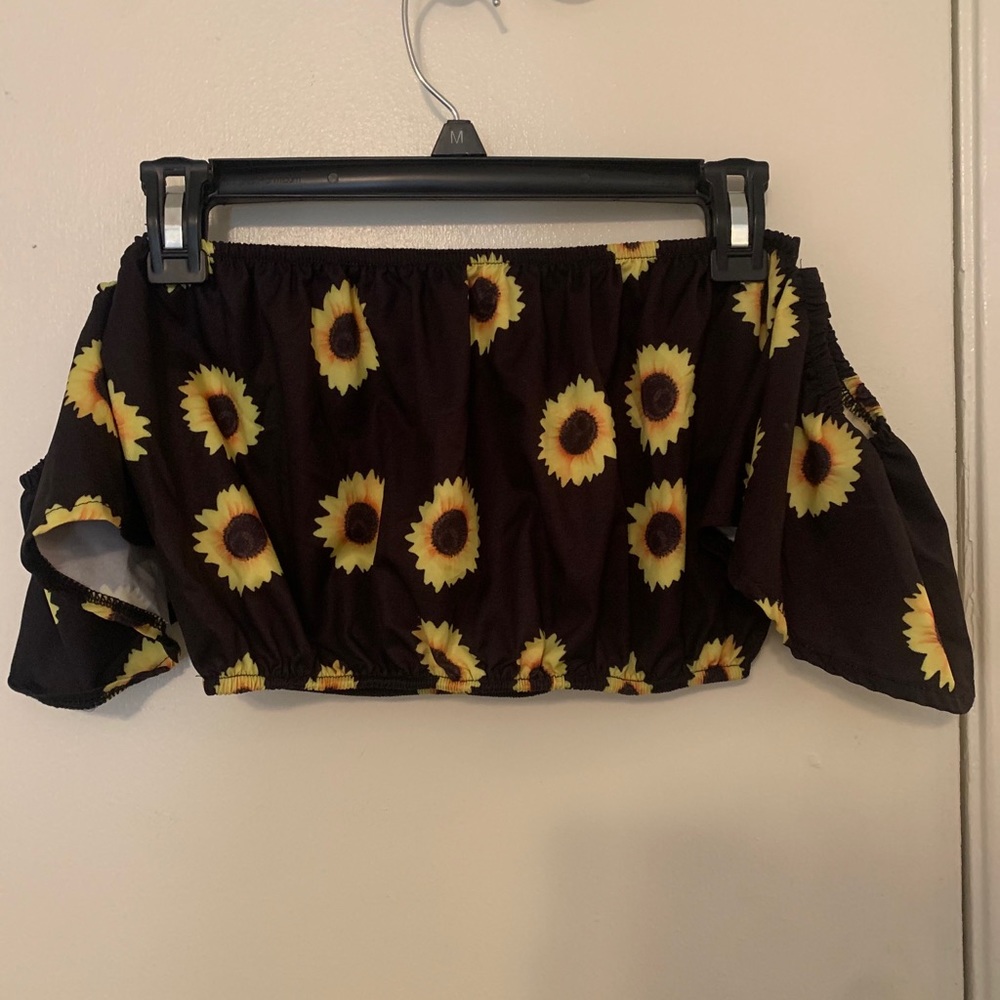 a off the shoulder crop top with sunflowers
